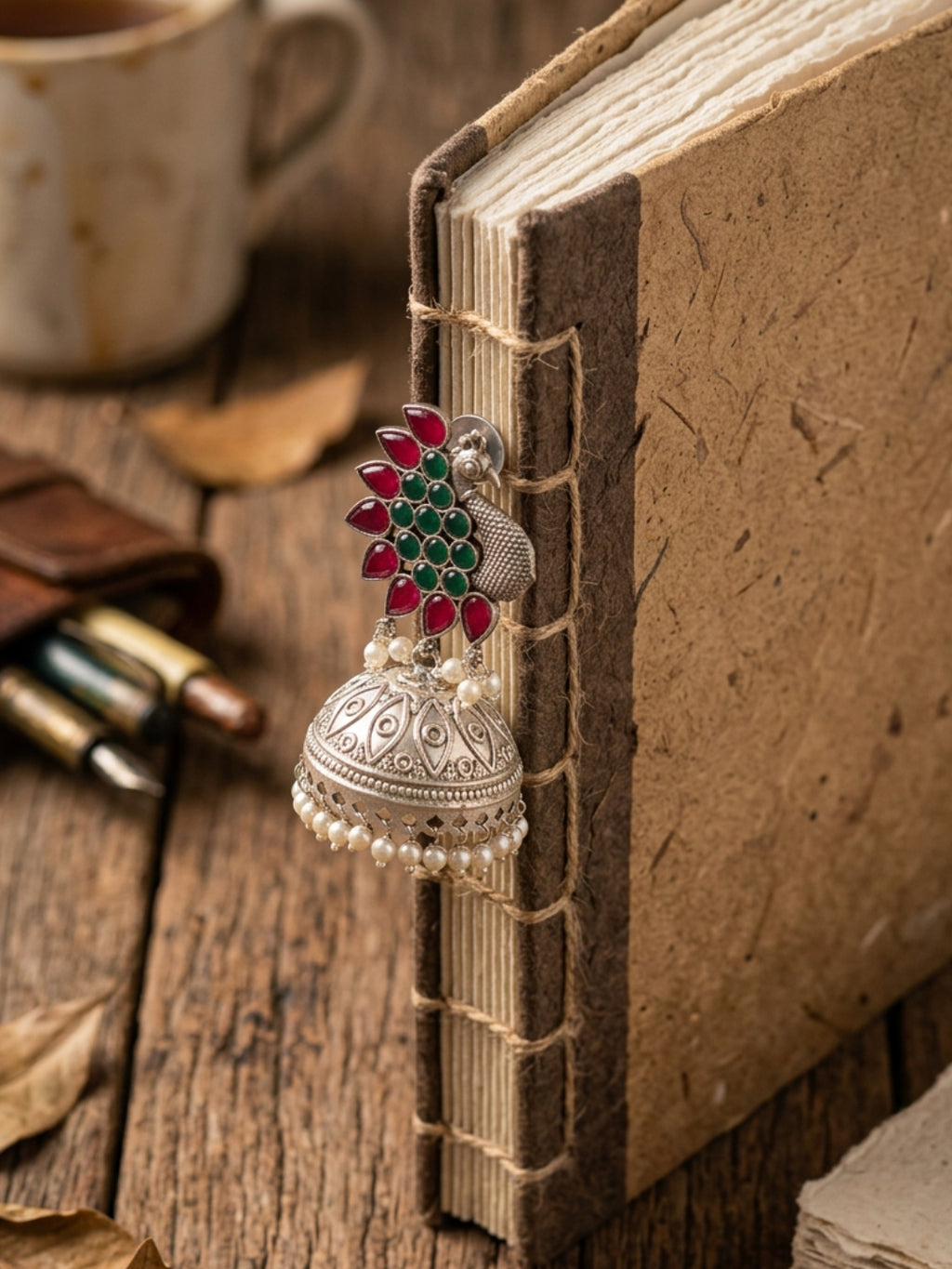 Peacock Jhumka Earrings — Red & Green Stone, Silver Finish