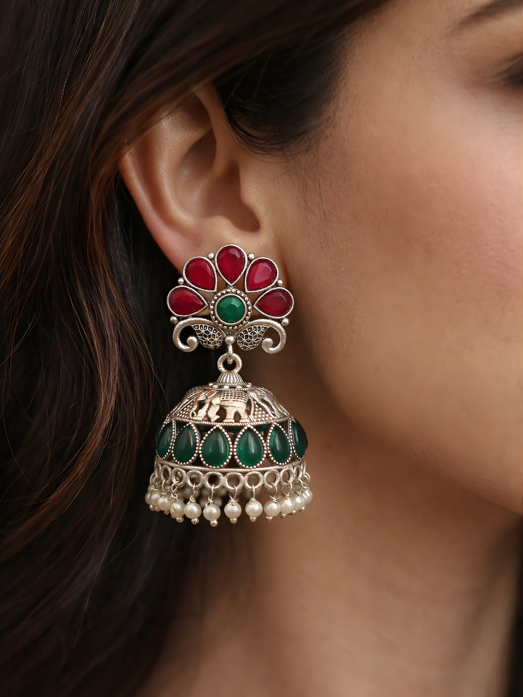 Silver Finish Elephant Red Green Jhumki Earrings