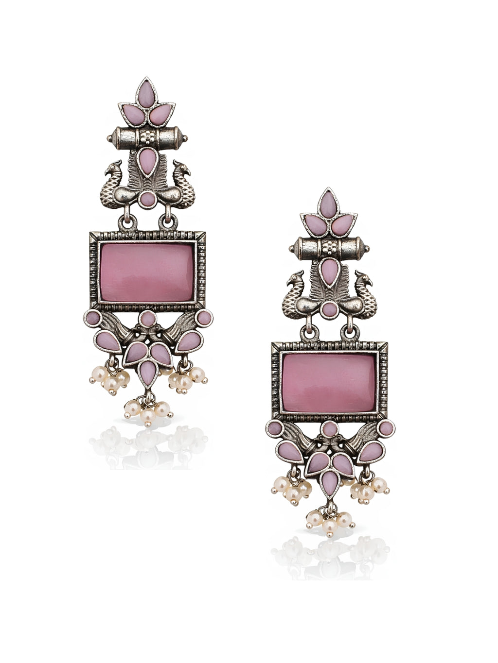 Pink Stone Silver tone finish Ethnic Jhumki Earrings