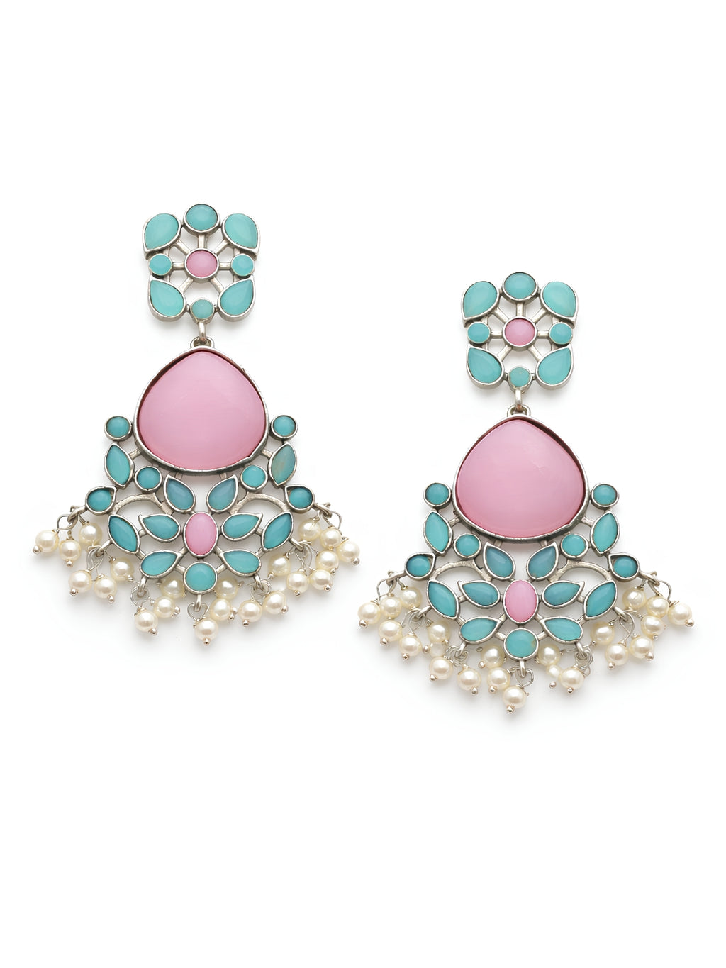 Silver Tone Pink Turquoise Floral Pearl Dangler Statement Earrings