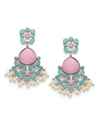 Silver Tone Pink Turquoise Floral Pearl Dangler Statement Earrings