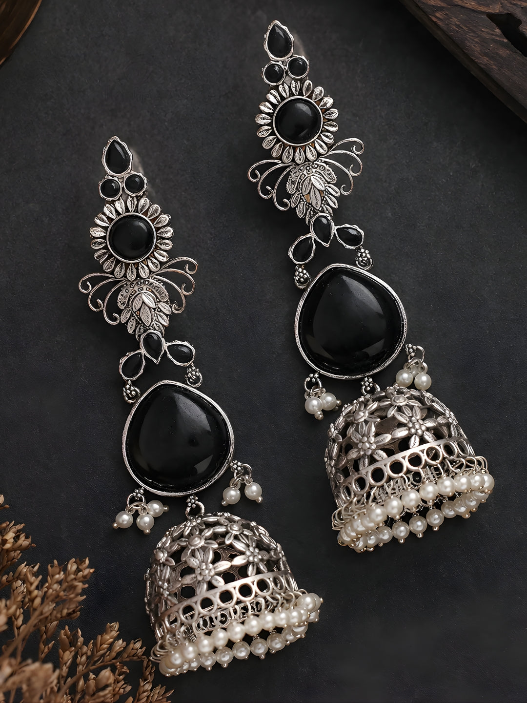 Silver tone finish Black Stone Layered Jhumki Dangler