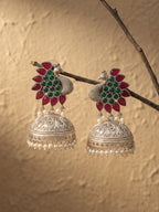 Peacock Jhumka Earrings — Red & Green Stone, Silver Finish
