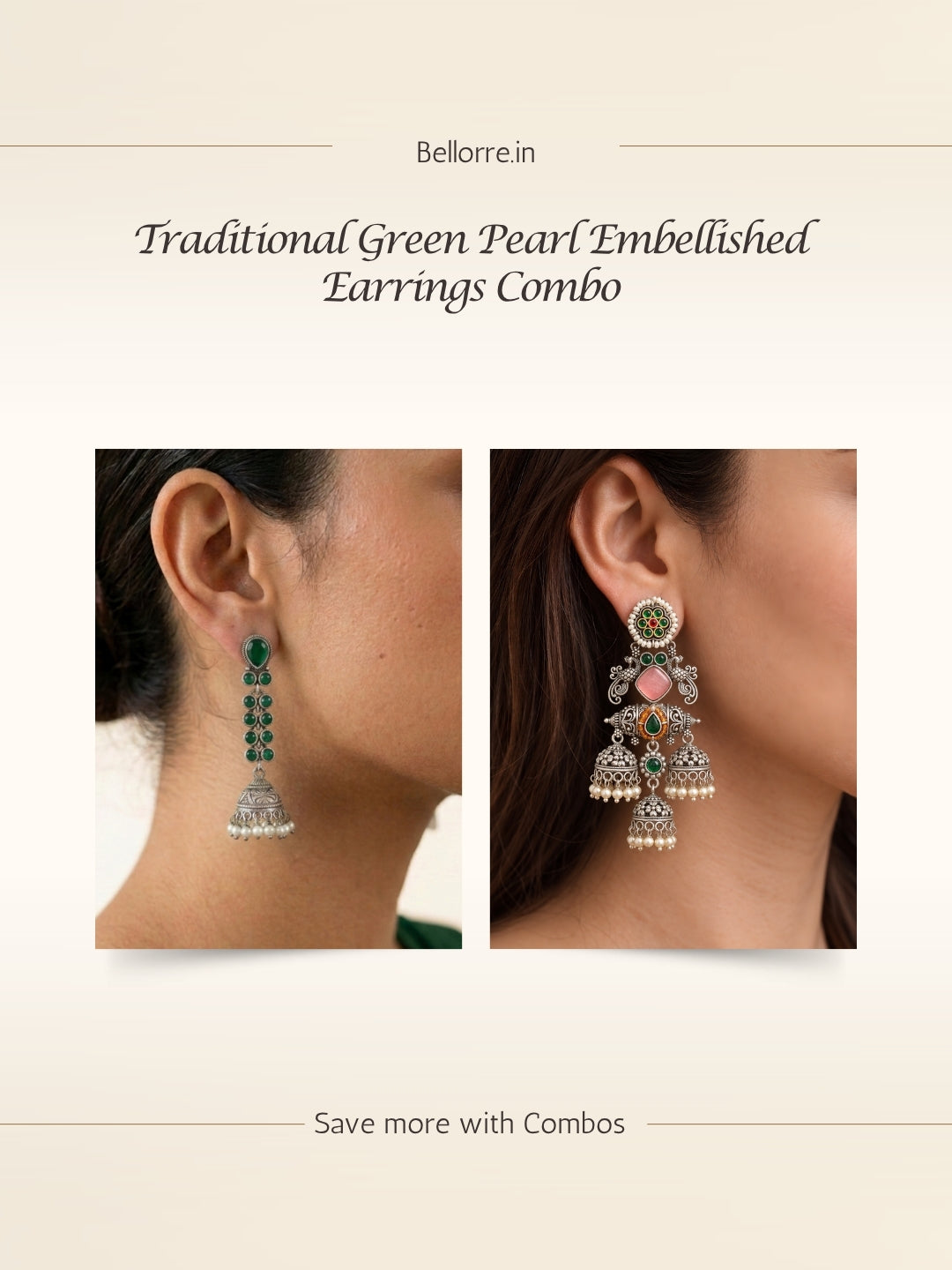 Silver finish Green & Pink Jhumka Earring Combo
