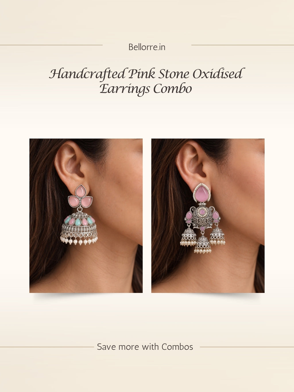 Pink Stone Silver finish Jhumka Earrings Combo