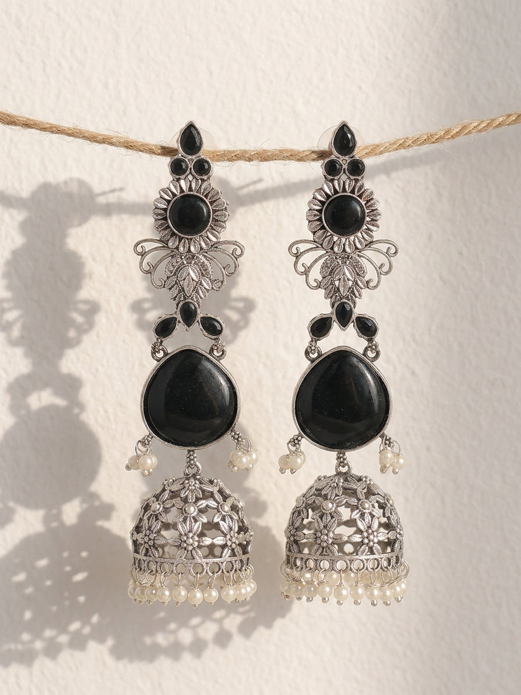Black Stone Layered Jhumki Dangler Earrings — Silver Tone