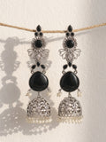 Black Stone Layered Jhumki Dangler Earrings — Silver Tone