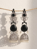 Black Stone Layered Jhumki Dangler Earrings — Silver Tone