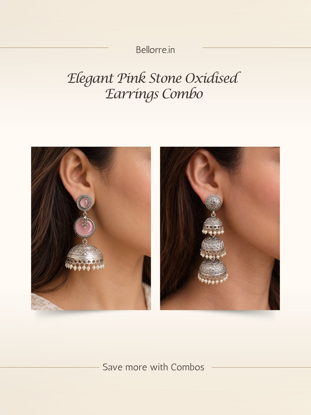 Pink Stone Silver Plated Jhumka Earring Combo