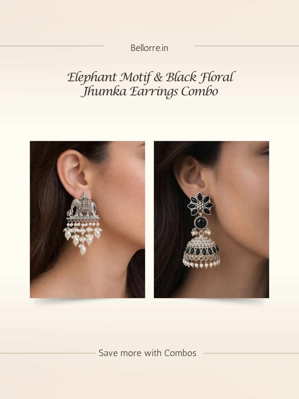 Silve finish Elephant & Black Jhumka Combo