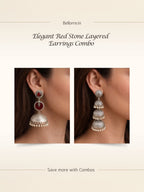 Red Accent Silver finish Jhumka Earrings Combo