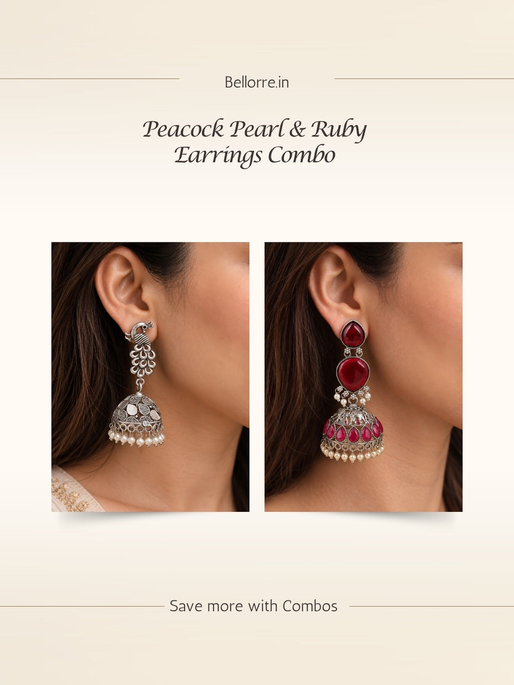 Peacock & Red Stone Silver finish Jhumka Combo