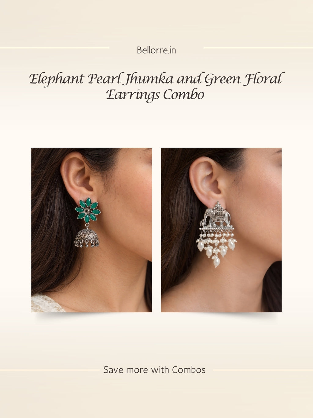 Elephant & Green Floral Jhumka Earring Combo