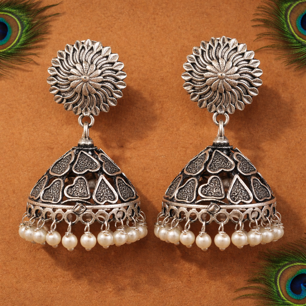 Floral Dome Pearl Silver tone Jhumka