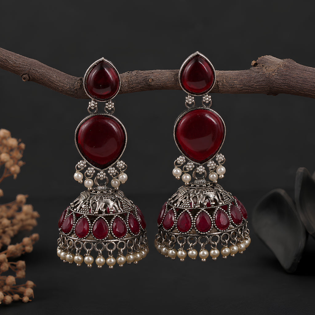 Red Stone Silver Tone Jhumki Earrings