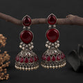 Red Stone Silver Tone Jhumki Earrings