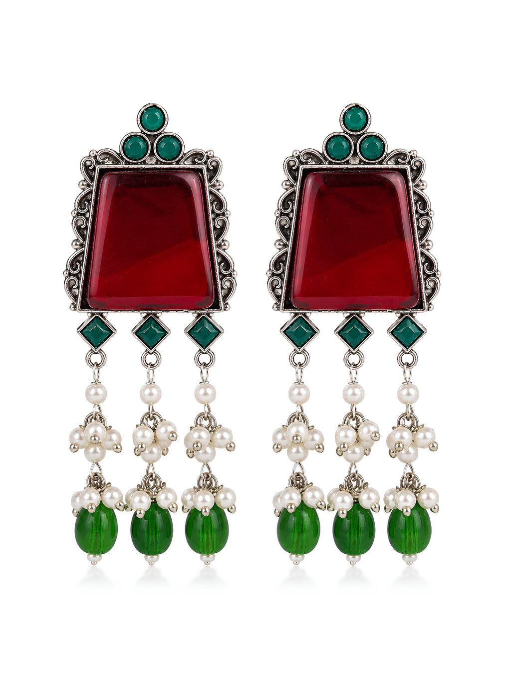 Pair of earrings with red central stones, green accents, and pearl-like beads on a white background