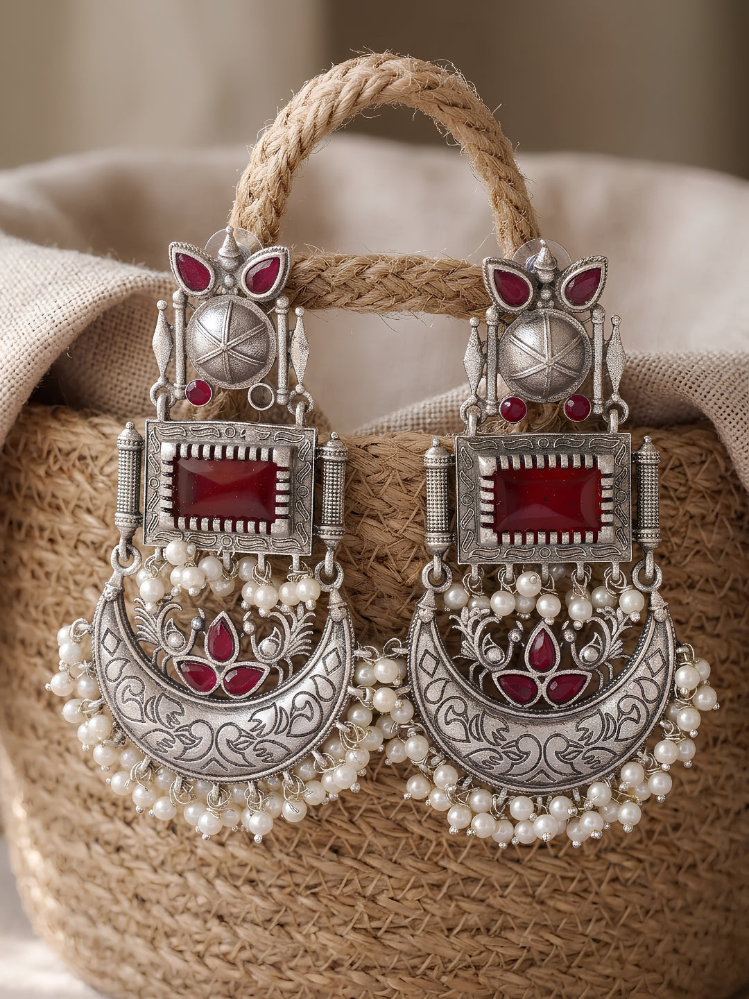 Chand Dangler Earrings — Red Stone & Pearl Drop, Silver Finish