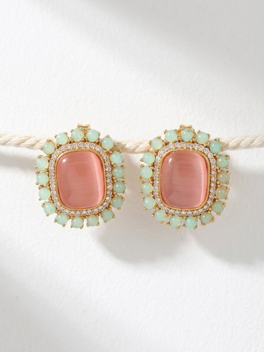 Pink Turquoise Halo Stud Earrings — Silver Finish