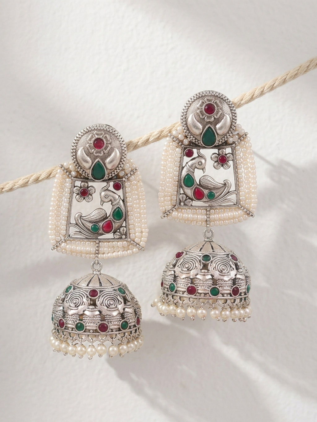 Peacock Jhumka Earrings with Pearl Fringe — Silver Finish