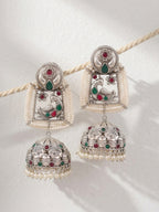 Peacock Jhumka Earrings with Pearl Fringe — Silver Finish