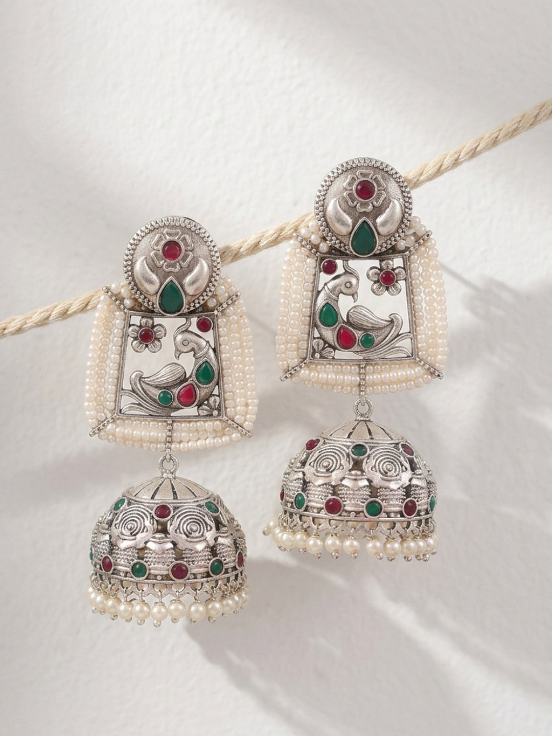 Peacock Jhumka Earrings with Pearl Fringe — Silver Finish