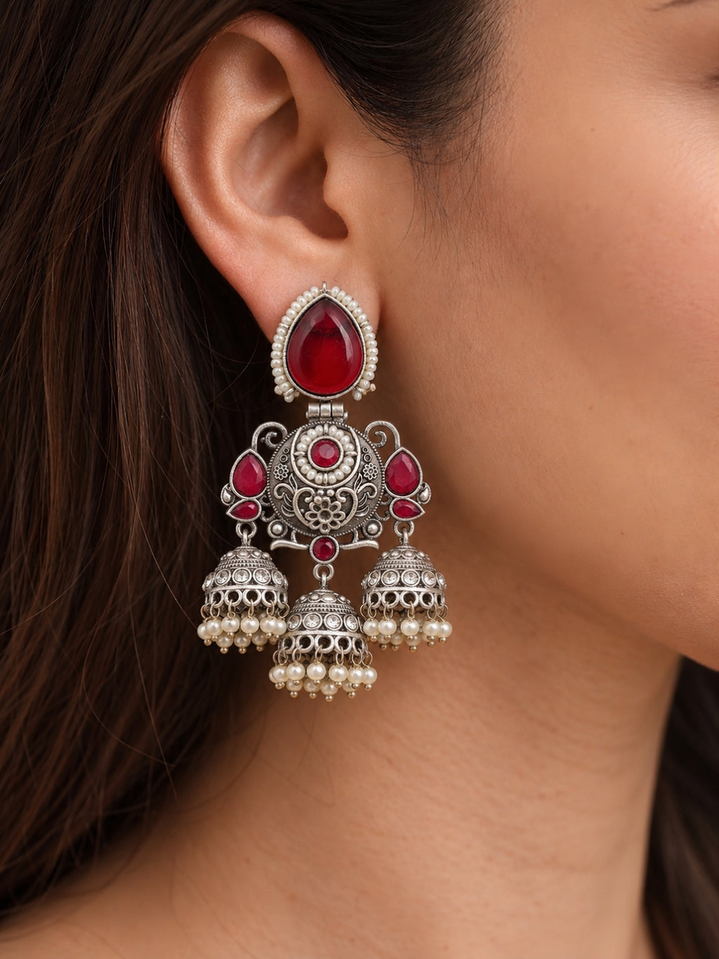 Red Stone Jhumka Dangler Earrings — Silver Tone