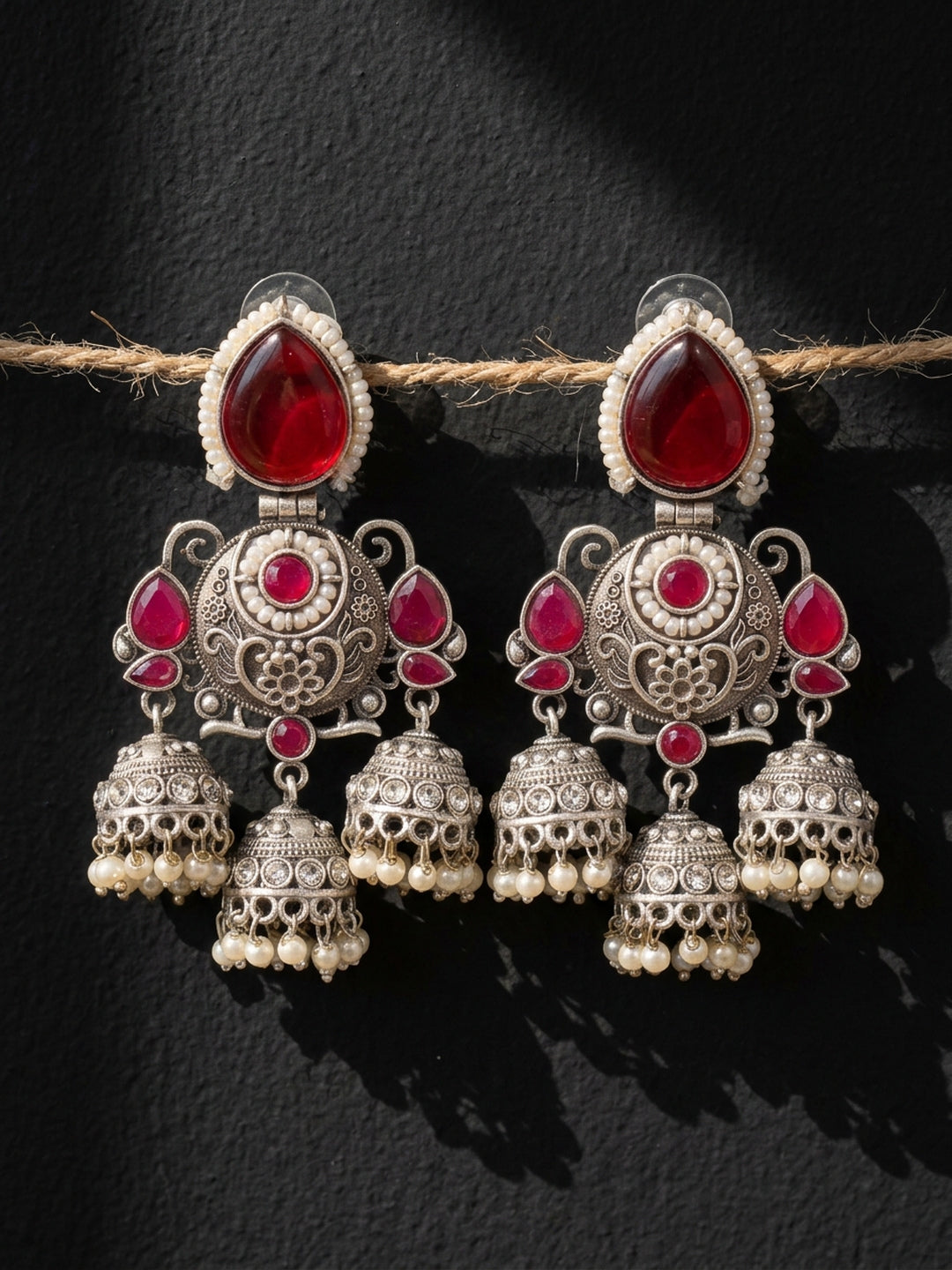 Red Stone Jhumka Dangler Earrings — Silver Tone