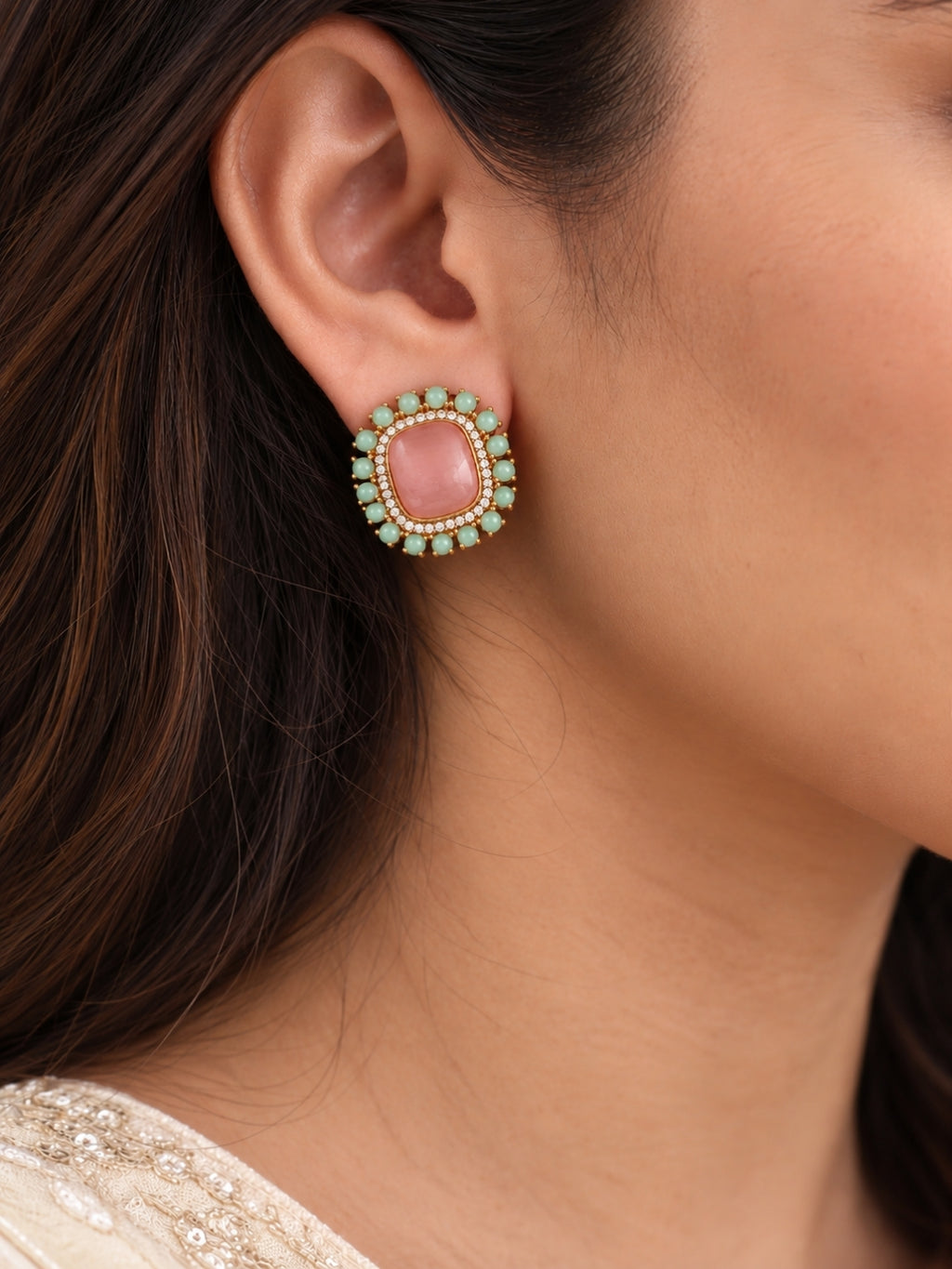 Pink Turquoise Halo Stud Earrings — Silver Finish