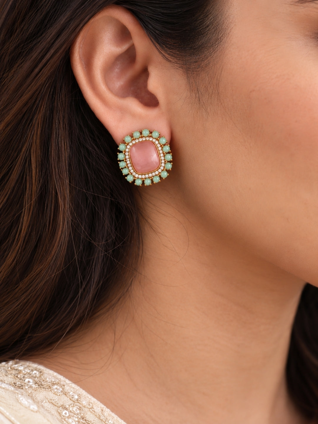 Pink Turquoise Halo Stud Earrings — Silver Finish