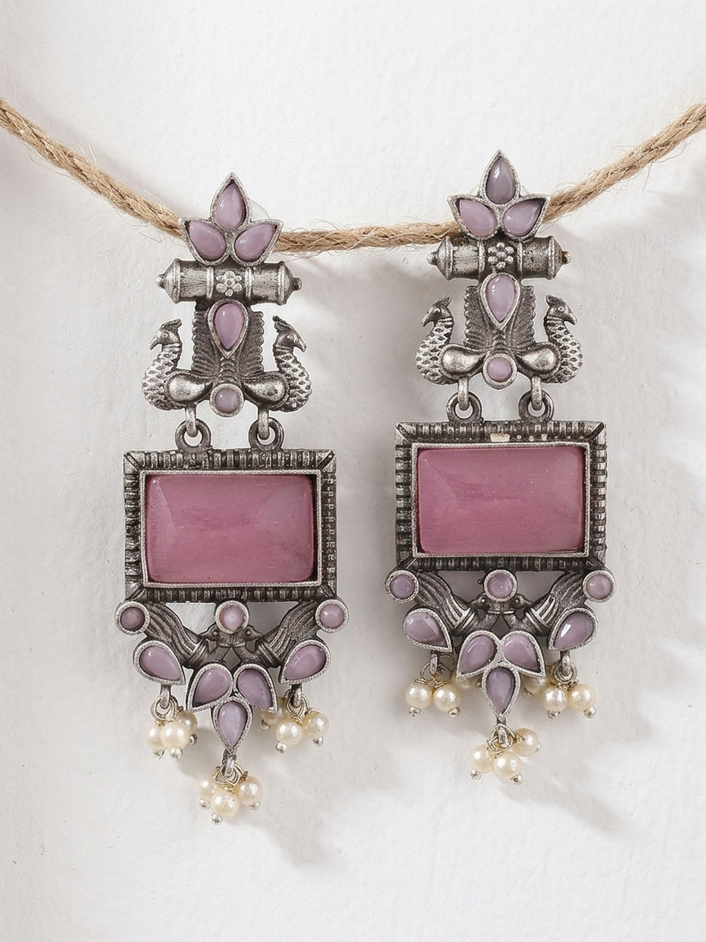 Pink Stone Ethnic Jhumki Earrings — Silver Tone