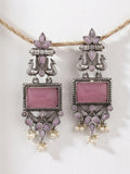 Pink Stone Ethnic Jhumki Earrings — Silver Tone