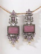 Pink Stone Ethnic Jhumki Earrings — Silver Tone