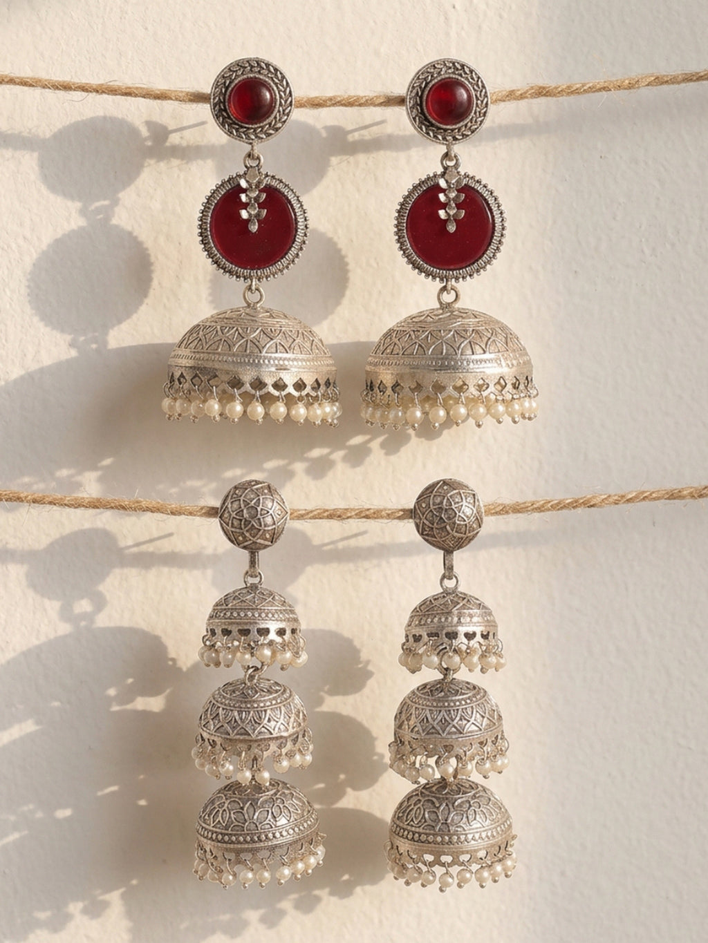 Red Accent Silver finish Jhumka Earrings Combo