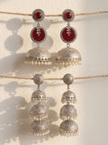 Red Accent Silver finish Jhumka Earrings Combo