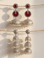 Red Accent Silver finish Jhumka Earrings Combo