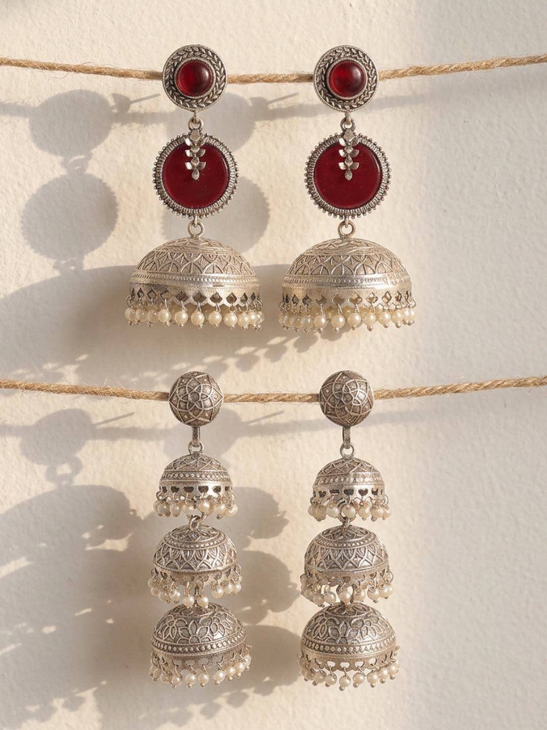 Red Accent Silver finish Jhumka Earrings Combo