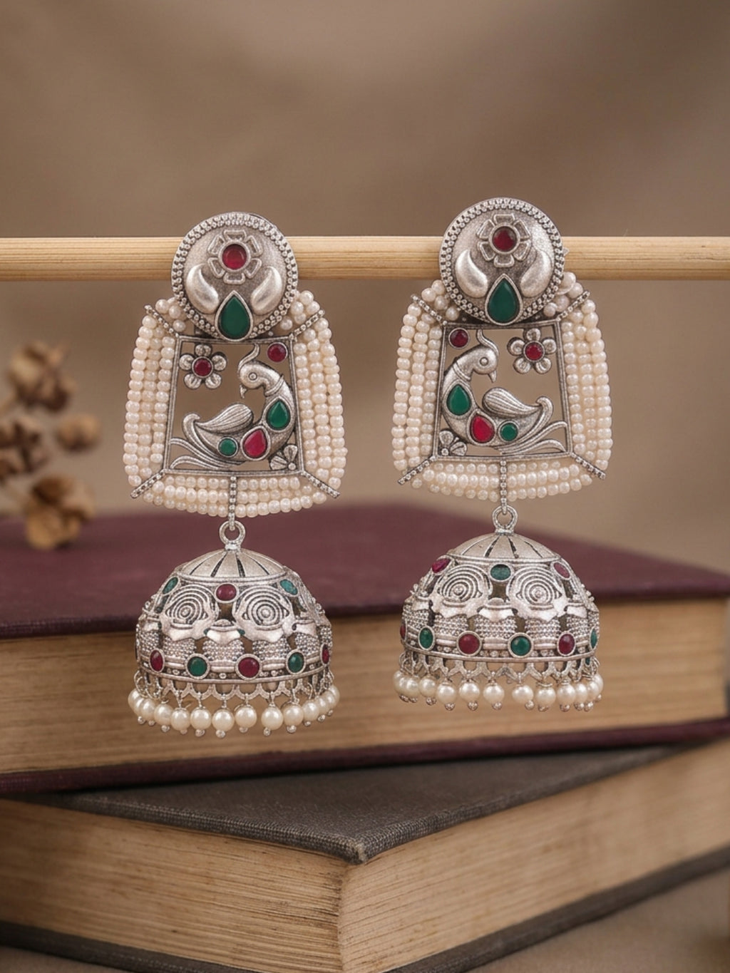 Peacock Jhumka Earrings with Pearl Fringe — Silver Finish