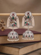 Peacock Jhumka Earrings with Pearl Fringe — Silver Finish