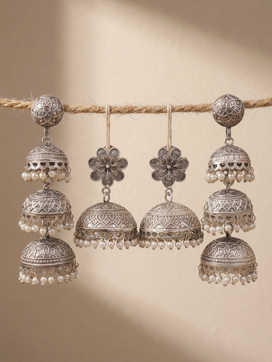 Silver finish Floral Jhumka Earring Combo
