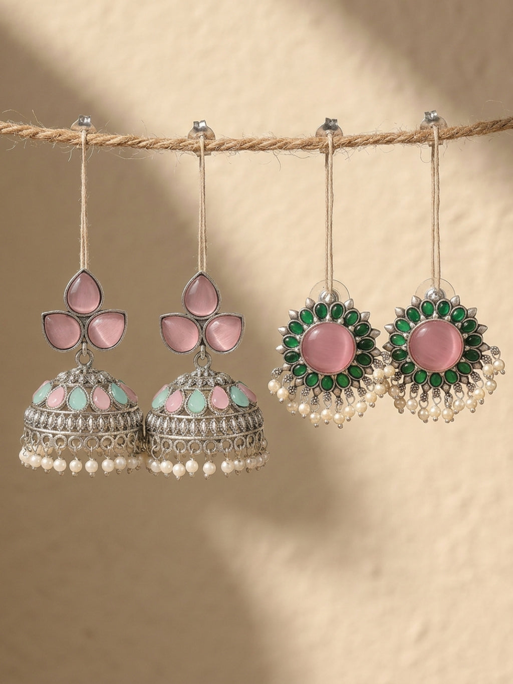 Silver Finish Pink & Green Ethnic Earrings Combo