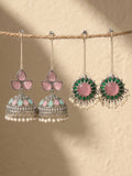 Silver Finish Pink & Green Ethnic Earrings Combo