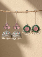 Silver Finish Pink & Green Ethnic Earrings Combo