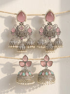 Pink Stone Silver finish Jhumka Earrings Combo
