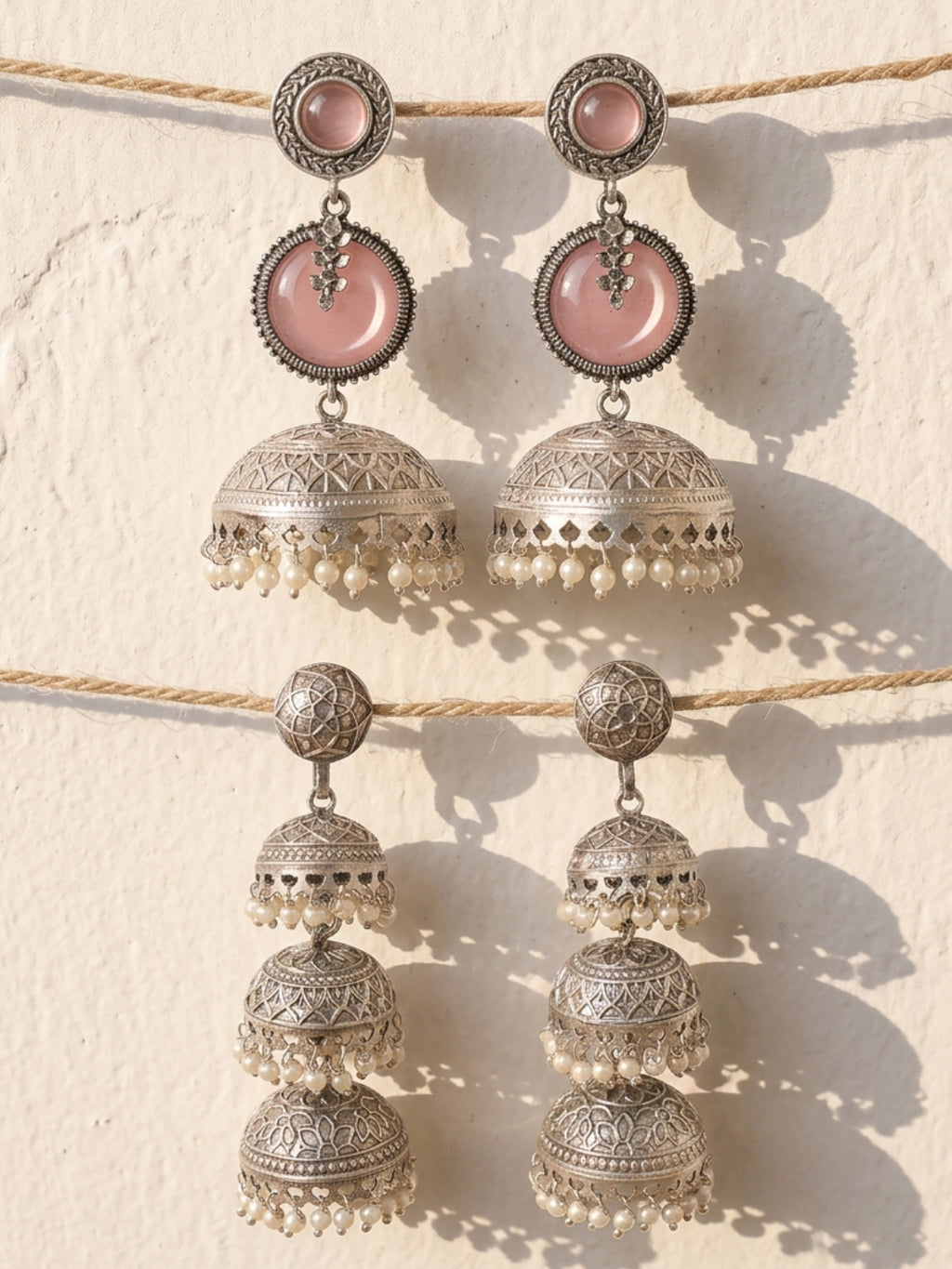 Pink Stone Silver Plated Jhumka Earring Combo