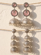 Pink Stone Silver Plated Jhumka Earring Combo