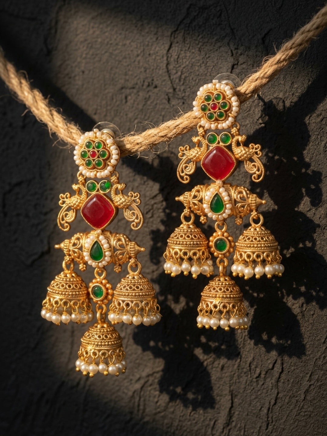 Green Red Gold Finish Earrings Combo