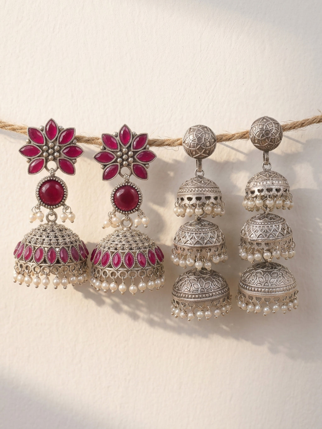 Floral & Filigree Silver finish Jhumka Combo