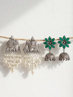 Elephant & Green Floral Jhumka Earring Combo