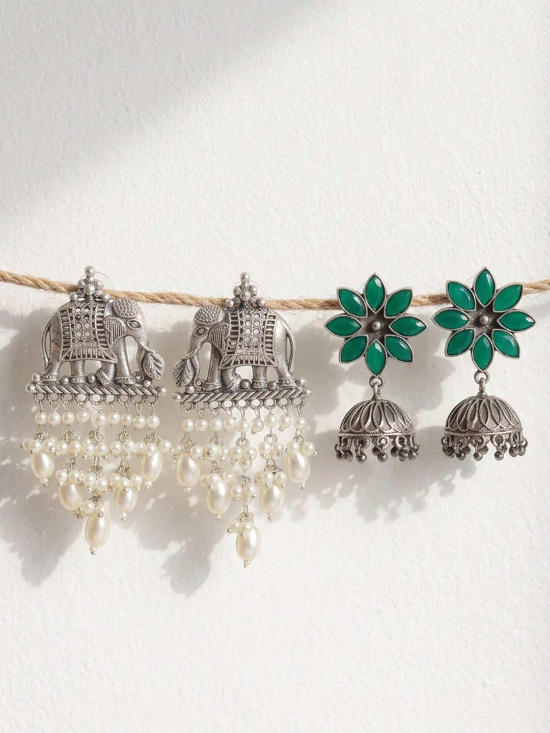 Elephant & Green Floral Jhumka Earring Combo